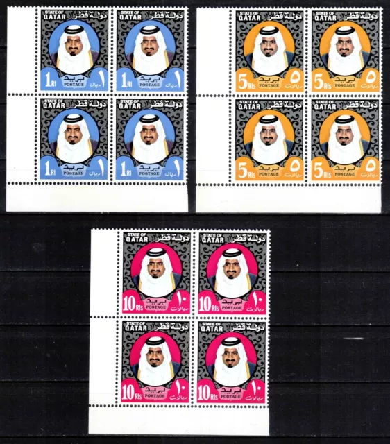 Qatar 1974, Mi#603-605, Sc#360A-C, bl of 4 corner, Sheik Khalifa, MNH! 880€!