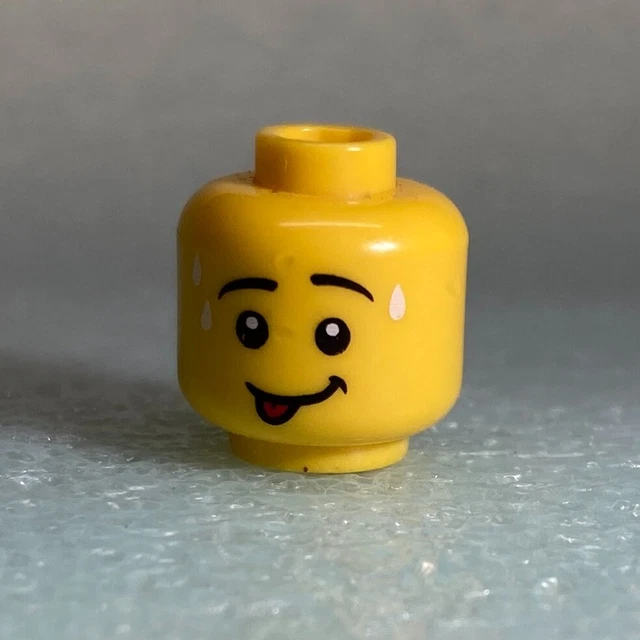 lego Minifigure, Head Male Black Eyebrows, Smile with Red Tongue Out and White