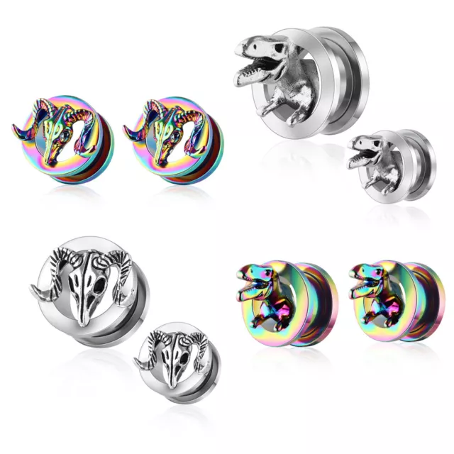 2 Steel Ear Plug 3D Dinosaur Bull Horn Flesh Tunnel Stretcher Screw Fit Expander