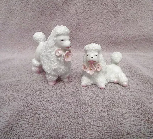 Set Of 2 MCM Porcelain FRENCH POODLE Dogs GOLD Gilt APPLIED Flowers SPAGHETTI