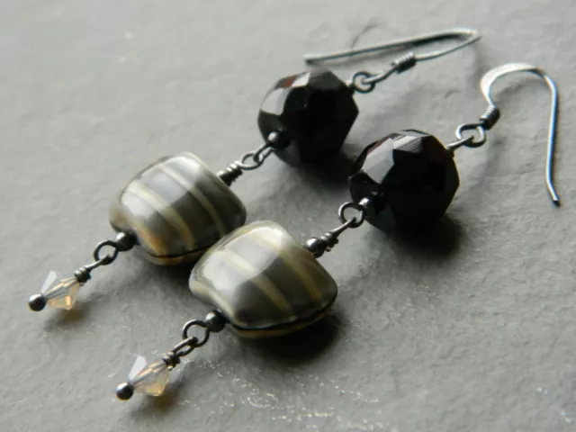 Vintage HUMBUG Satin Glass, French Jet, Swarovski & Oxidised 925 Silver Earrings