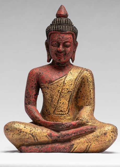 Antique Khmer Style Wood Seated Buddha Statue Dhyana Meditation Mudra - 26cm/10"