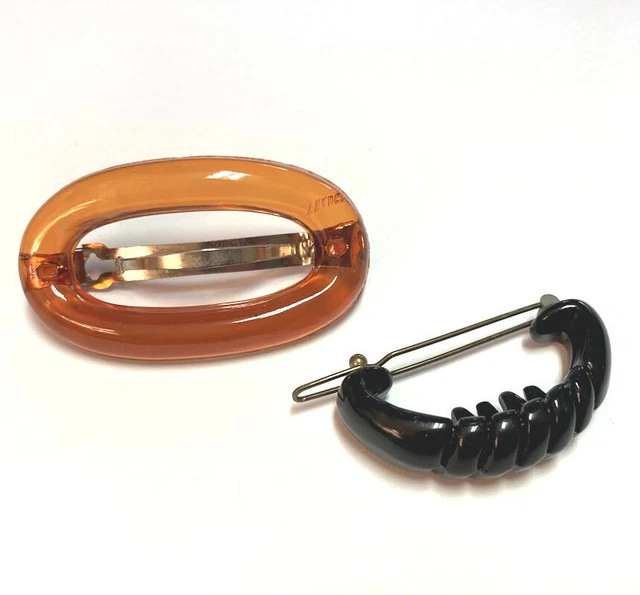 Hair Barrette Clip Metal Snap Orange Black Oval Curve Vintage New Made in France