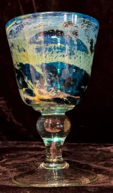 Mdina Malta Glass 6 1/2" Goblet Blue Summer 1978 Design Signed #2