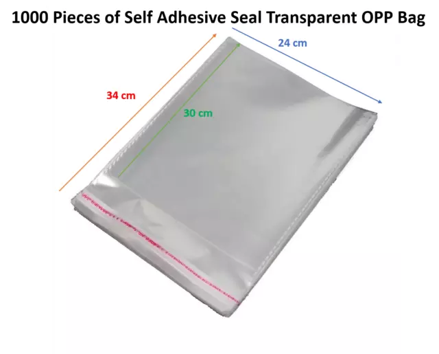 1000Pcs Self Adhesive Seal Clear OPP Plastic Bags Tshirt Clothes Size A4 24X34CM