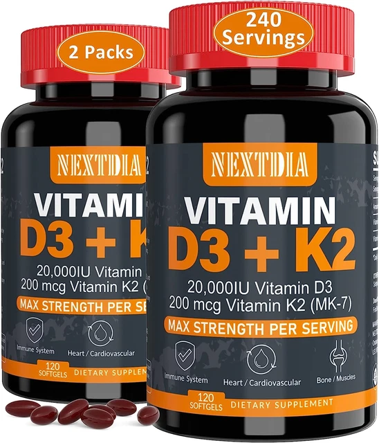 Vitamin D3 20,000 IU + K2 MK7  200mcg - Once Daily Dose, Optimal Level -Support