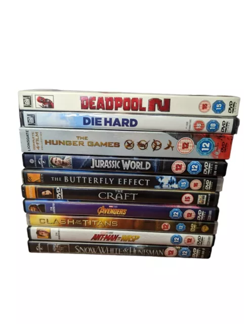 Bundle Of 10x Action Adventure Movie Dvds VGC DeadPool 2, Die Hard, Hunger Games