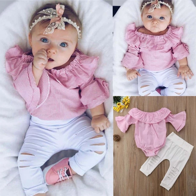 Infant Baby Girl Clothes Set Striped Romper Bodysuit Hole Pants Trousers Outfits