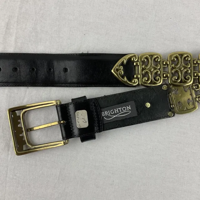 NWT Brighton Black Leather Belt Antique Gold Open Scrollwork Panel Links Sz 30”