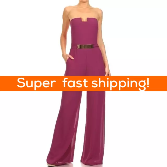 Women's Solid Strapless Full Length Jumpsuit waist embellishment, Purple