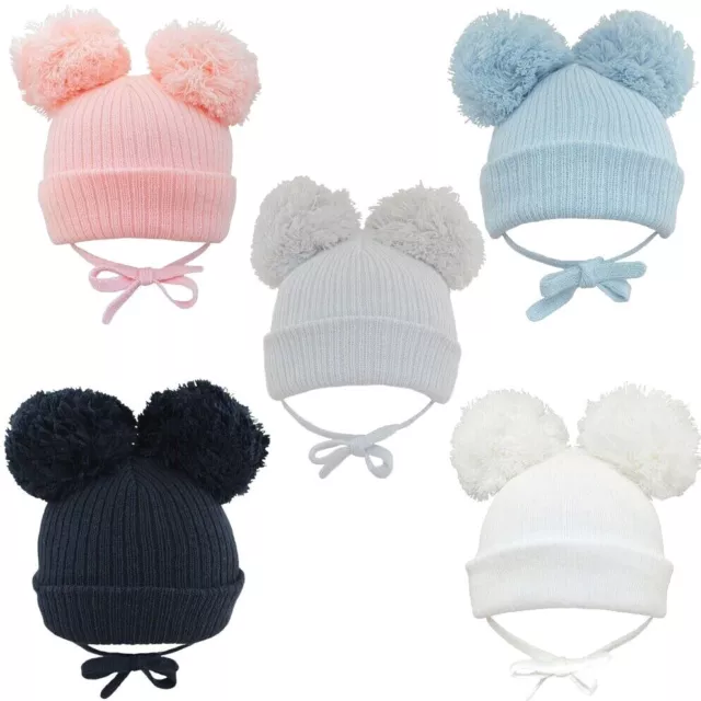 Baby Doppelbommel Bommel Mütze Kinnriemen Wackel Beanie Kappe Strick Vlies gefüttert 0-18 M