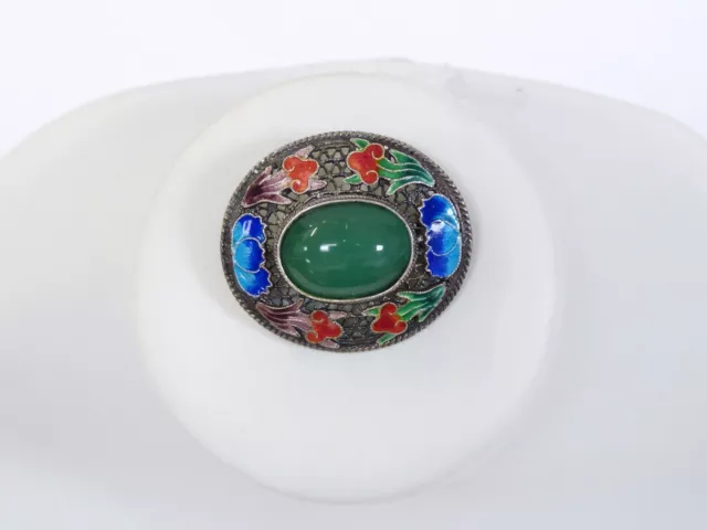 Chinese Export Faux Jade Sterling Silver Enamel Pin