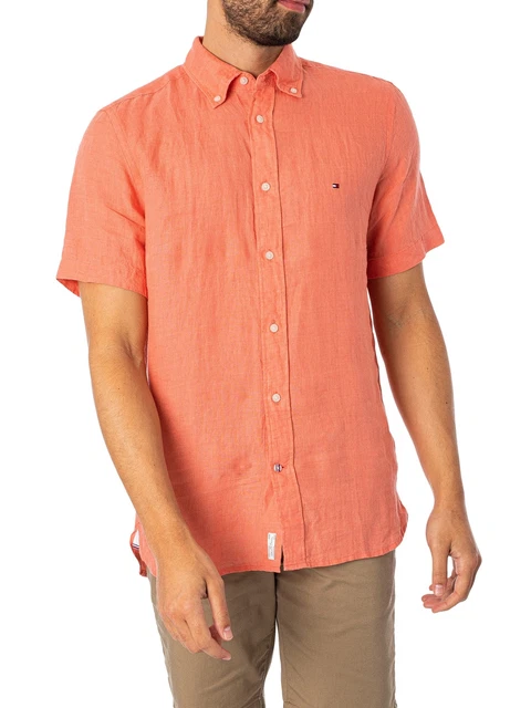 Tommy Hilfiger Uomo Camicia a maniche corte in lino tinto pigmento, Rosa