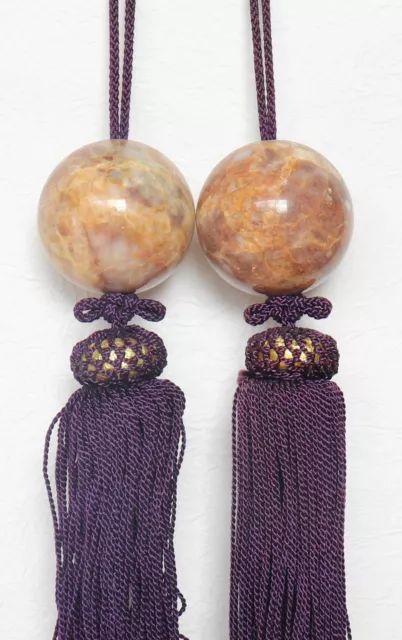 Japanese Hanging Scroll Weight Stone Brown Beige Tassel Purple Fuchin Vintage