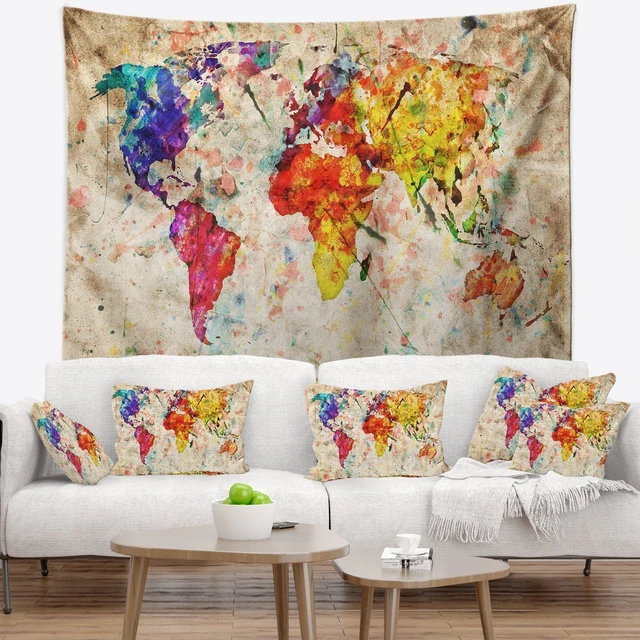 Designart 'Vintage World Map Watercolor' Map Wall Tapestry  Small