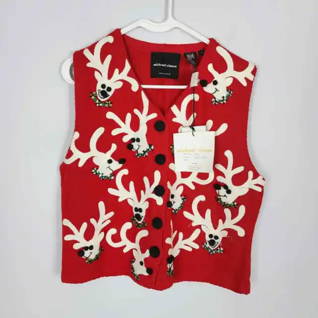 Michael Simon Womens Hand Stitched Reindeer Christmas Vest Size L Red Button Up