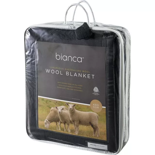 Bianca Australian Wool Blanket Charcoal SINGLE Bed 480gsm Wool Mark Certified