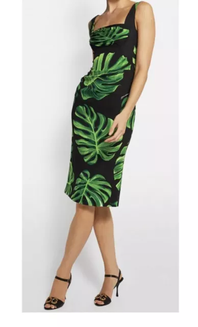 DOLCE & GABBANA Black Green Silk Tropical Jungle Midi Dress Sheath 40IT UK8 S