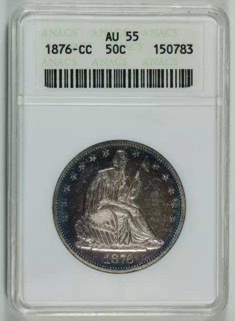 1876 CC Seated Liberty Half Dollar - Beautiful Toning - Old Holder ANACS AU55