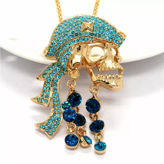 Betsey Johnson Bling Rhinestone Blue Pirate Skull Crystal Pendant Chain Necklace 2