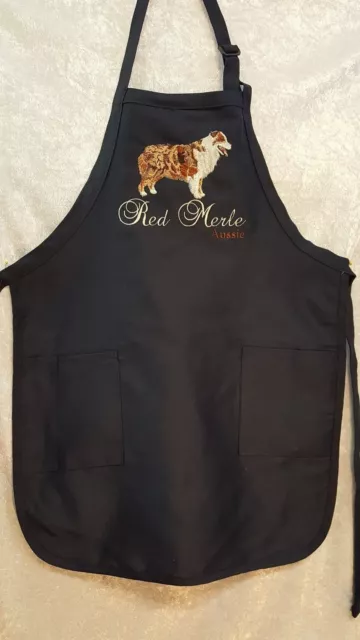 Australian Shepherd, Aussie Red Merle Embroidered On A Dark Navy Apron