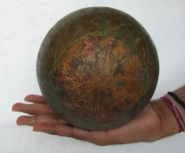 Vintage Old Handcrafted Decorative Brass Engraved Wooden Ball, Collectible