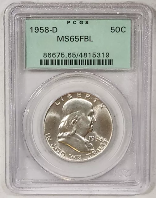 1958-D Franklin Half Dollar 50c US Silver Coin PCGS MS65 FBL Full Bell Lines OGH