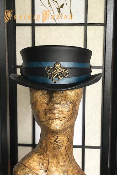 Steampunk Hat Kraken Pirate Sea Hunter Octopus Skull Leather SHORT Top Hat