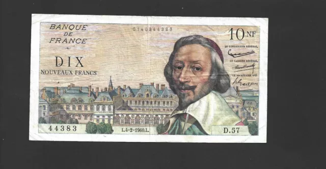 TB 10 NF 'Nouveaux francs' 1962 - Banque de France - type RICHELIEU DU 4/2/1960