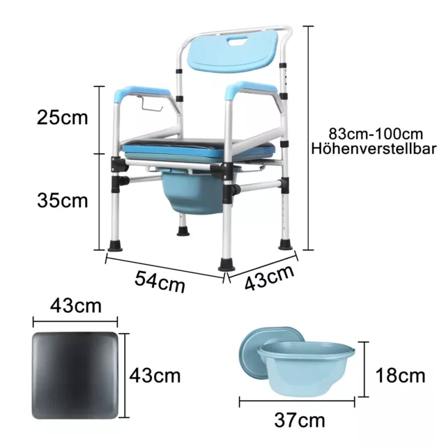 Alu Toilettenstuhl Toilettenhilfe Rückenlehne höhenverstellbar Duschstuhl 200 Kg 2