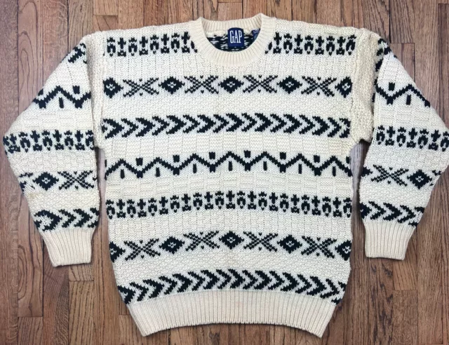 VINTAGE GAP CABLE Knit Pure Wool Sweater Heavy Men’s Size Medium Ivory ...