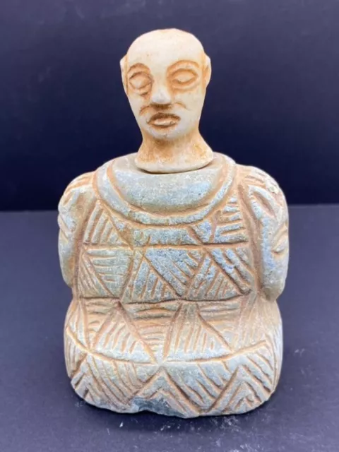 Ancient Bactrian Stone Composite Seated Idol Statue Decorated with 2 Motifs