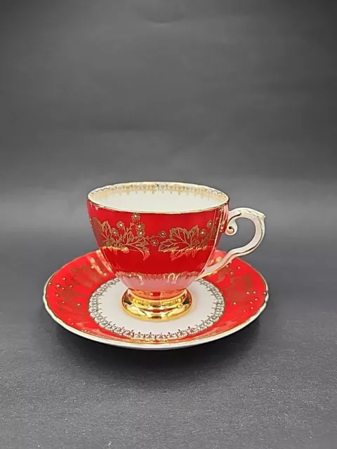 Royal Grafton Red Tea Cup and Saucer Gold Gilt Floral Maple Leaf Bone China