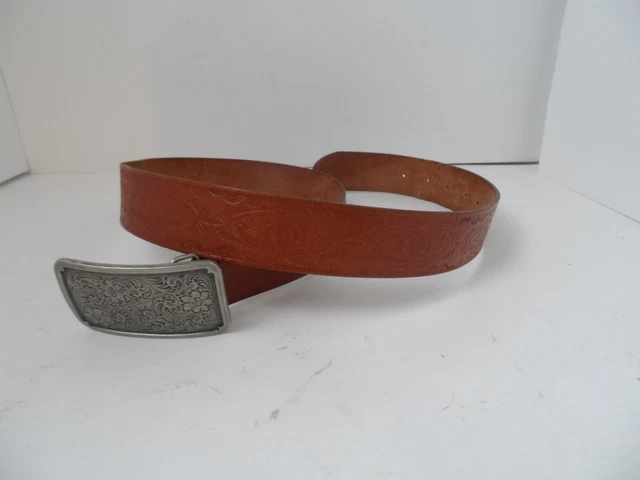 Mens Fossil Western Brown Tooled Leather Belt Silver Buckle - Size M (36)