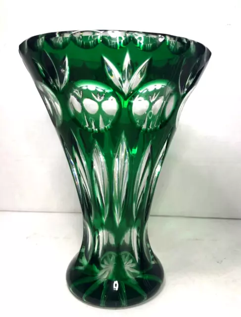 Brilliant GREEN Vase Glass Cut to Clear Antique Heavy Lead Crystal 7” Tall