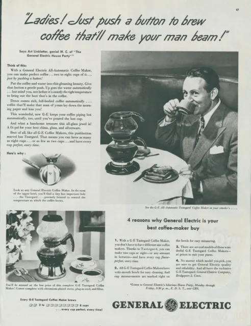 1948 General Electric Tastegard Coffee Maker  Make Man Beam Vintage Print Ad C11