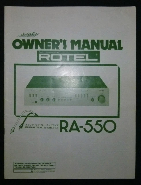 Notice Manuel Amplificateur ROTEL RA-550 Hi-Fi Audio Vintage 80's