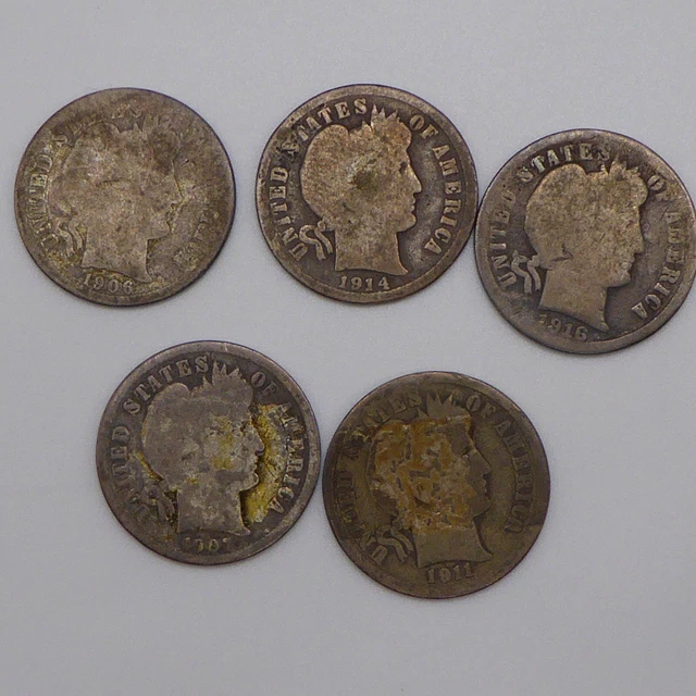 Lot Of 5 Barber Silver Dimes - 1906, 1916 S, 1907, 1914, & 1911 Ungraded
