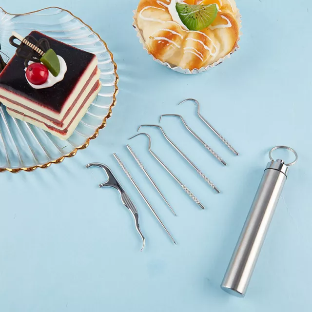 8Pc Portable Stainless Steel Metal Toothpick Bag Set Reusable For Outdoor Pic^ob