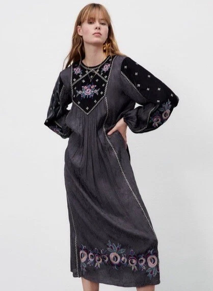 ZARA BNWT MID Grey Boho Midi Floral Embroidered Dress Size Large Ref:  5107/254 31.89 - PicClick UK