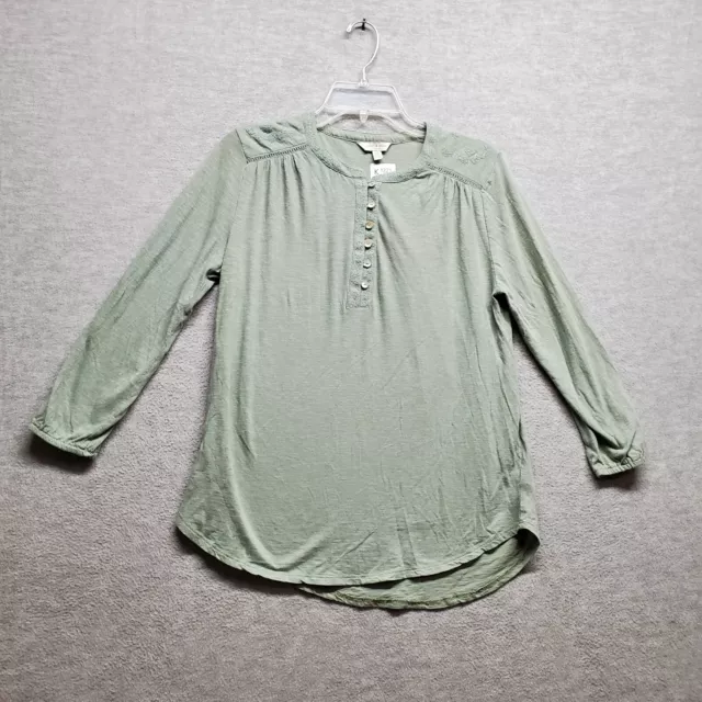 Lucky Brand Women Top Small Green Blouse Henley Popover Balloon Long Sleeve