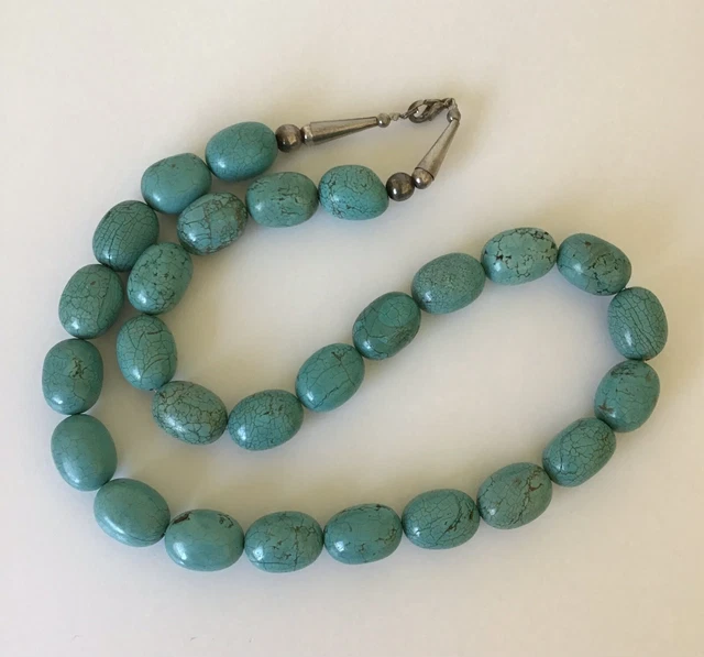 Vintage Large Turquoise Nugget Necklace Sterling Cones 26 Inch 202 gms.
