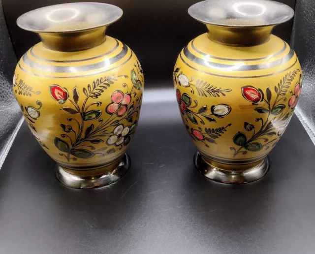 Vintage Matching Pair Lacquered Floral Etched Solid Brass Vases 5.5" Tall
