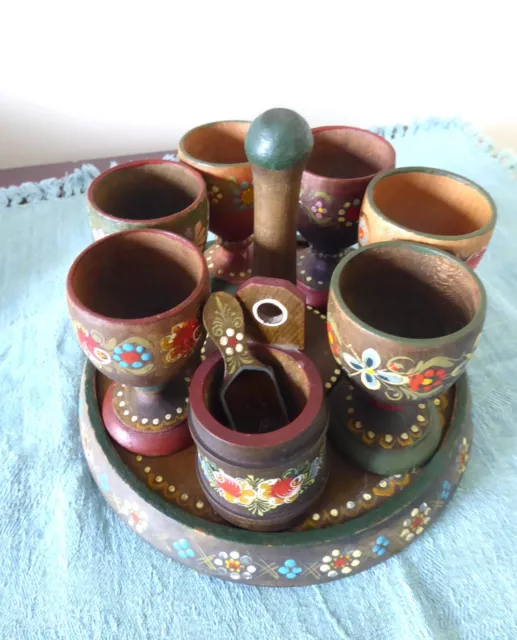 Vintage German Folk Art Wooden Egg Cups on Stand with Salt and Spoon