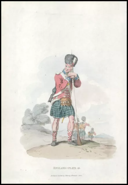 1814 Antique Aquatint ENGLISH COSTUMES Private 42nd Regiment (MC43)