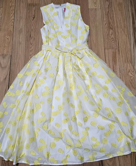 Kate Spade Women's White Yellow Floral Organza Tie Belt V-Neck Sleeveless Dress