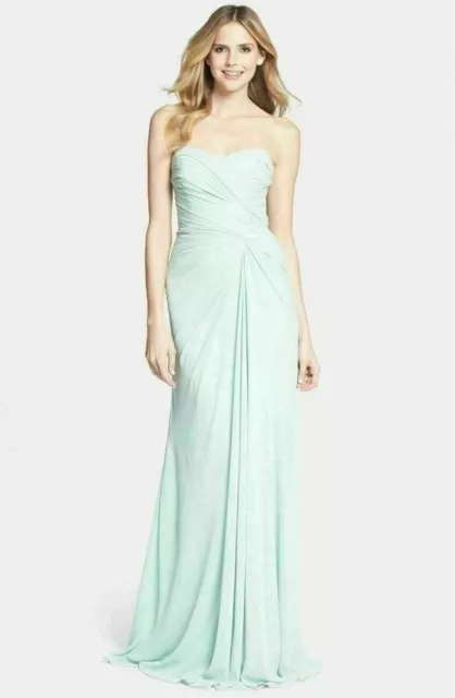 Monique Lhuillier Bridesmaids Draped Chiffon Gown Sz 14 Mint