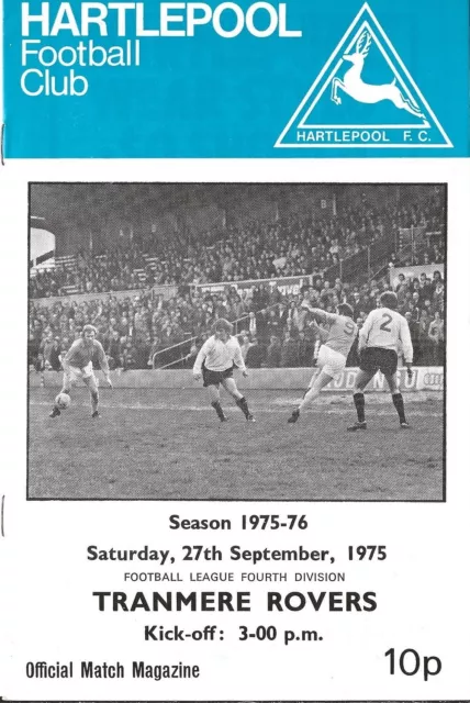 Football Programme HARTLEPOOL v TRANMERE ROVERS Sept 1975