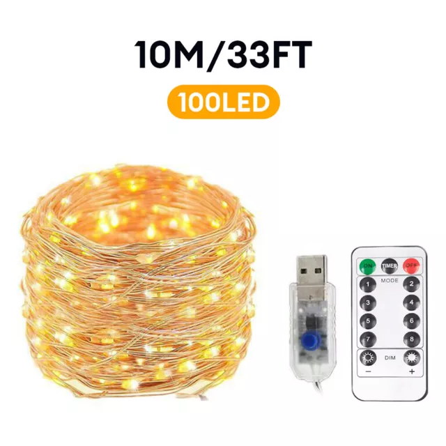 5M 10M LED String USB Powered Copper Wire Fairy Lights Xmas Waterproof w/ Remote 3