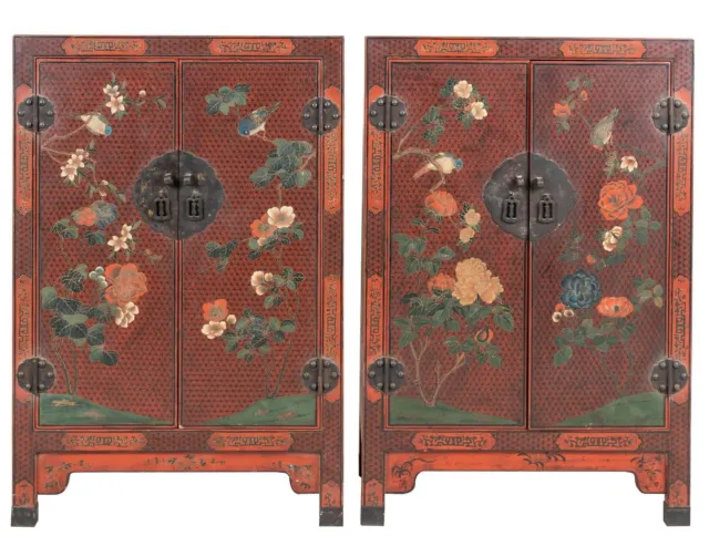 CHINESE -ORIENTAL WOOD CHEST CABINET FLOWERS AND BIRDS HAND PAINTED Pair